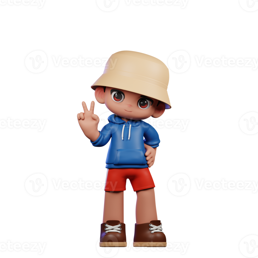 3d Small Figure of a Boy in a Blue Shirt and Red Shorts Showing Peace Sign Pose png