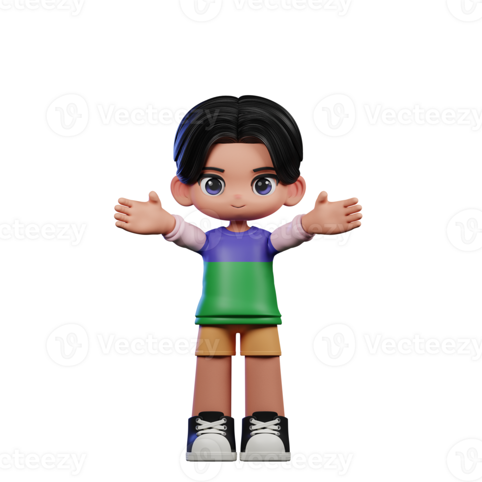 3d Cartoon Character in a Green Shirt and Yellow Shorts Showing Welcome Pose png