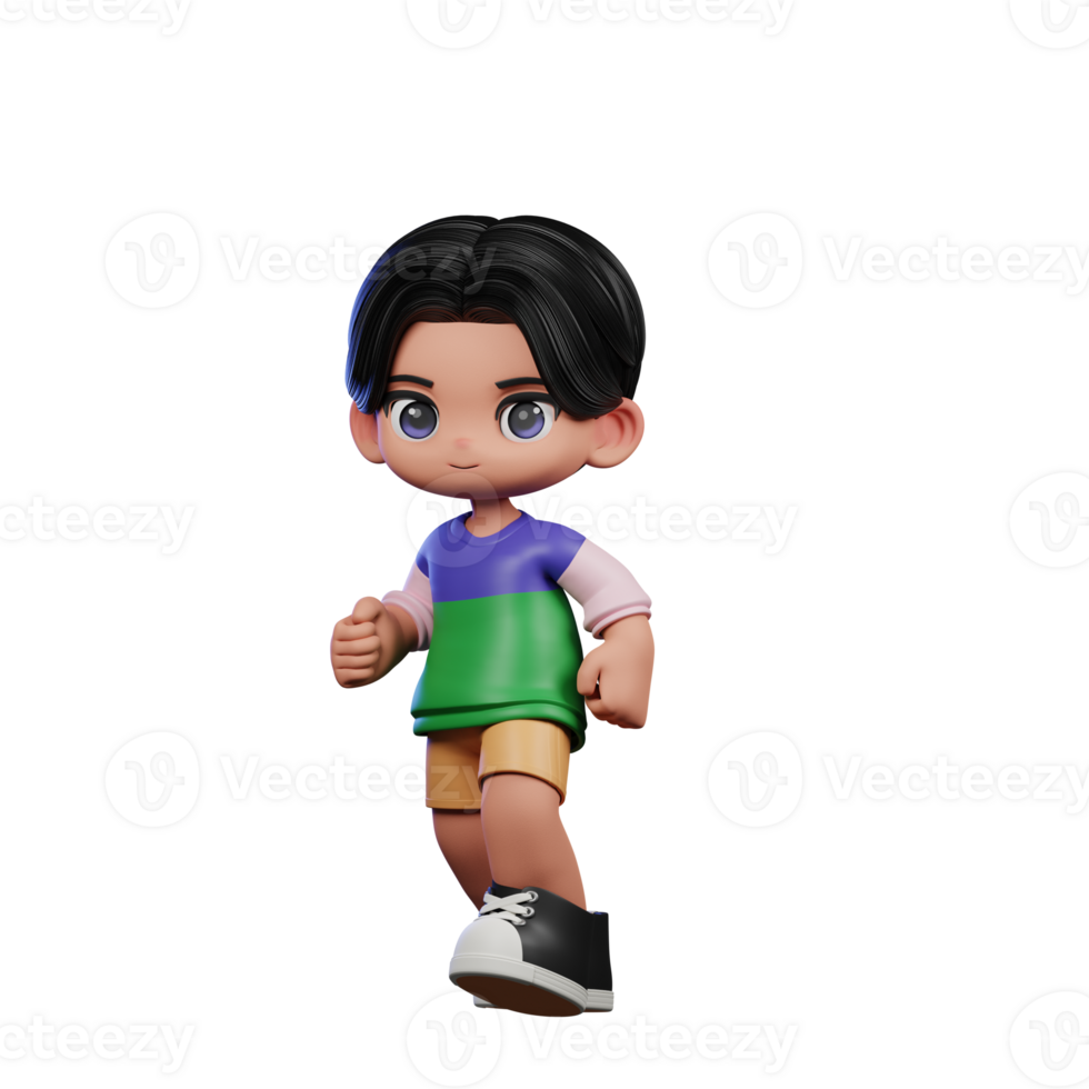 3d Cartoon Character in a Green Shirt and Yellow Shorts Walking Pose png