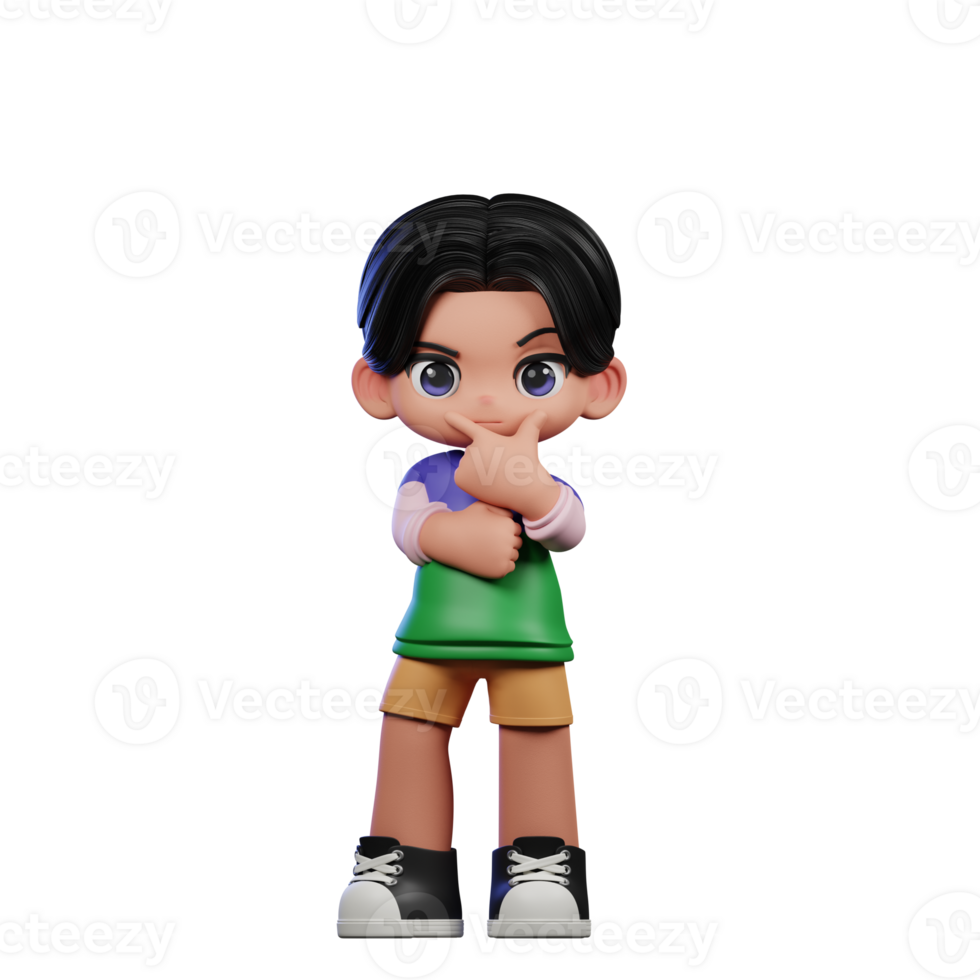 3d Cartoon Character in a Green Shirt and Yellow Shorts Doing Curious Pose png