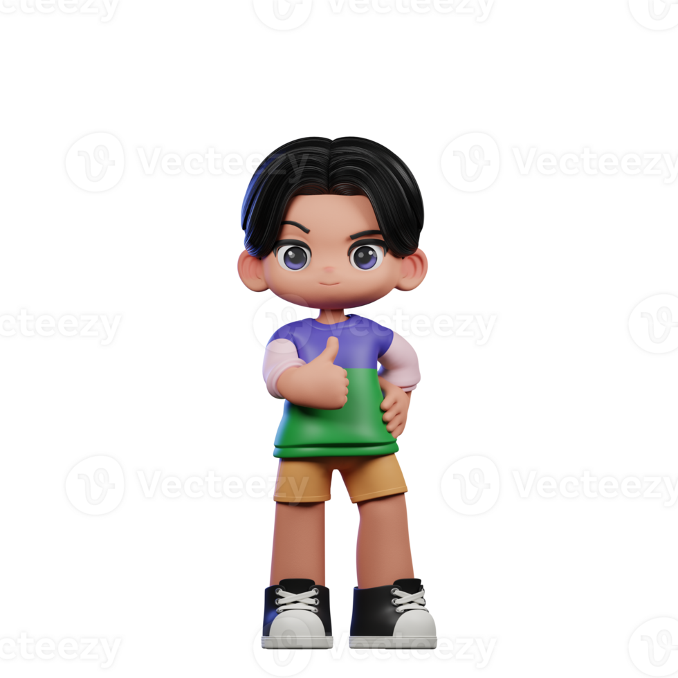 3d Cartoon Character in a Green Shirt and Yellow Shorts Showing Thumbs Up Pose png