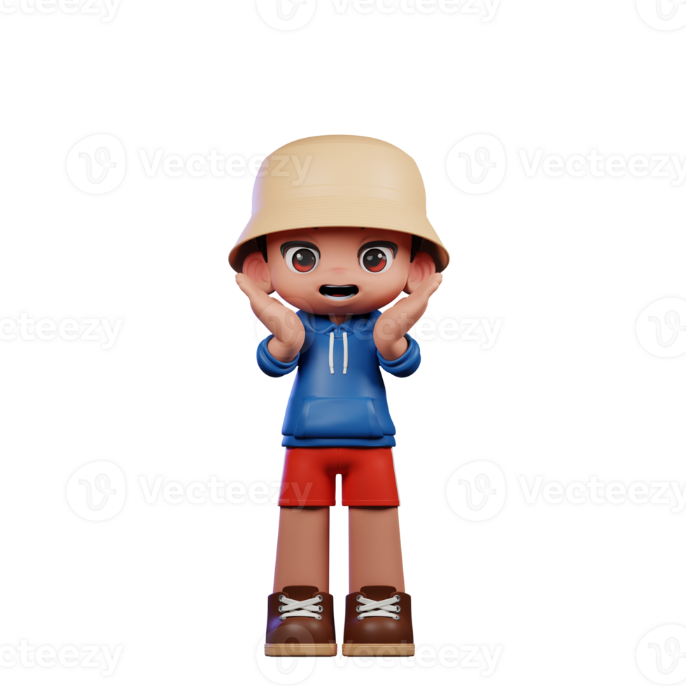 3d Small Figure of a Boy in a Blue Shirt and Red Shorts Surprise Reacting Happily Pose png