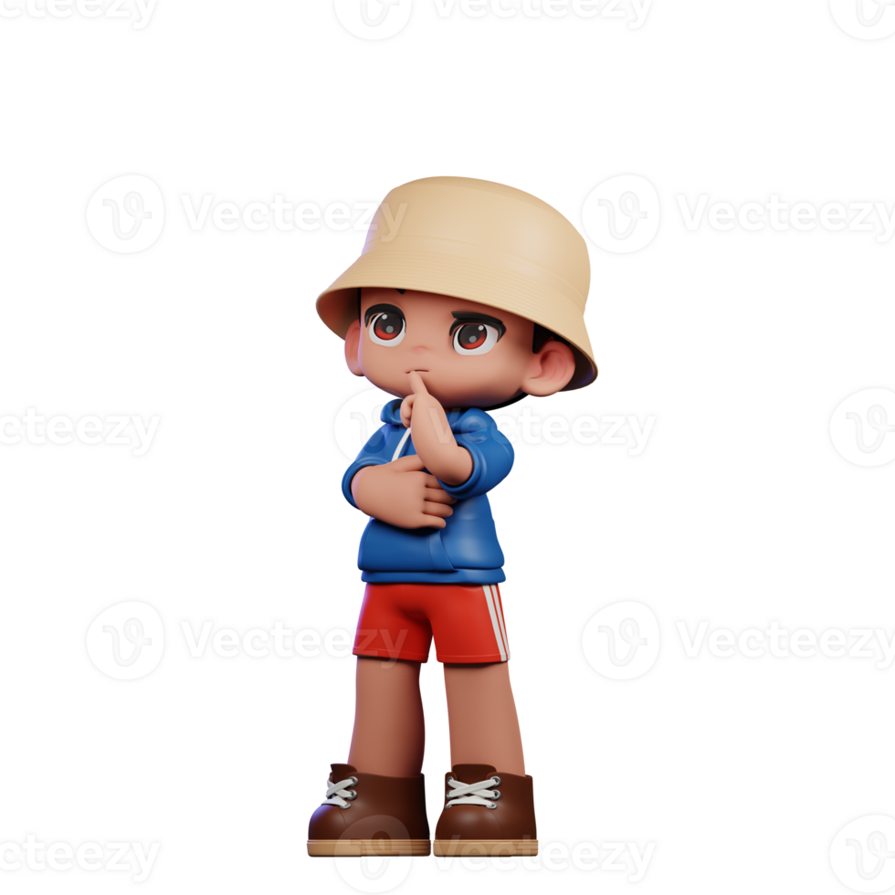 3d Small Figure of a Boy in a Blue Shirt and Red Shorts Thinking Deeply Pose png