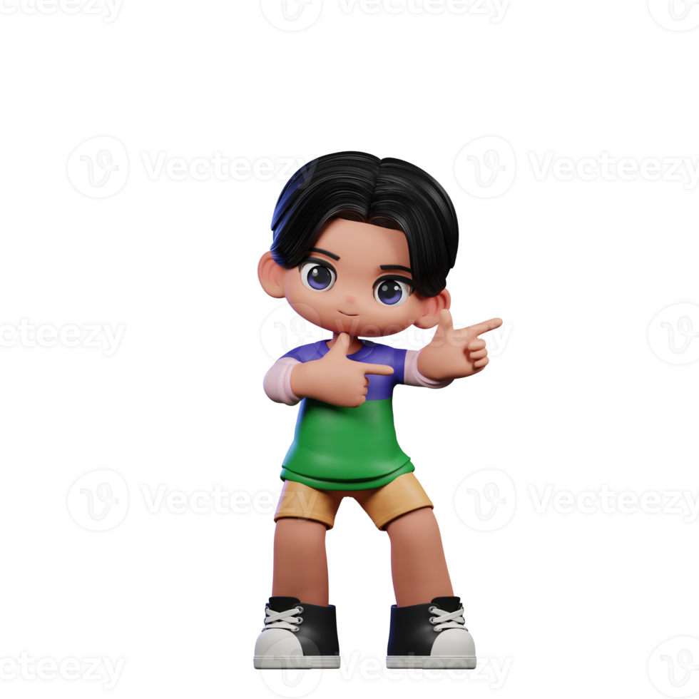 3d Cartoon Character in a Green Shirt and Yellow Shorts Pointing Left Pose png