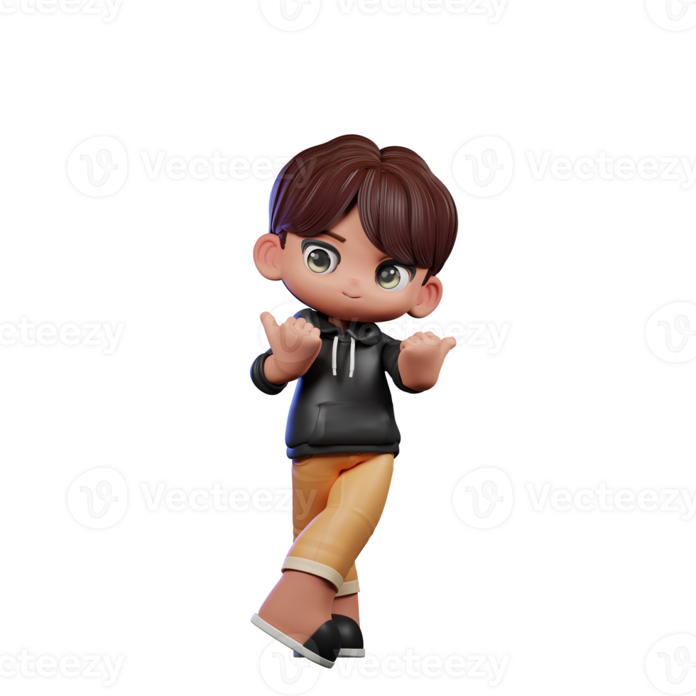 3d Cartoon Boy with Brown Hair and Black Jacket Pointing at Side Pose png