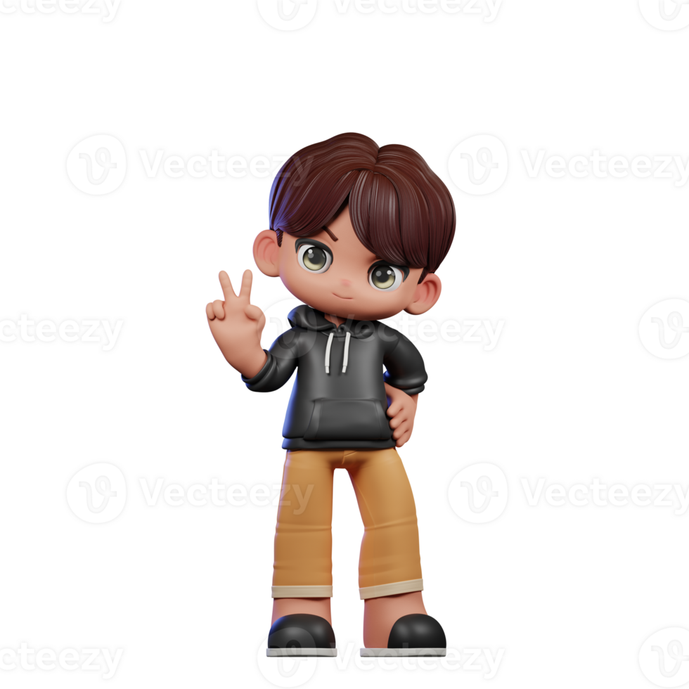 3d Cartoon Boy with Brown Hair and Black Jacket Showing Peace Sign Pose png