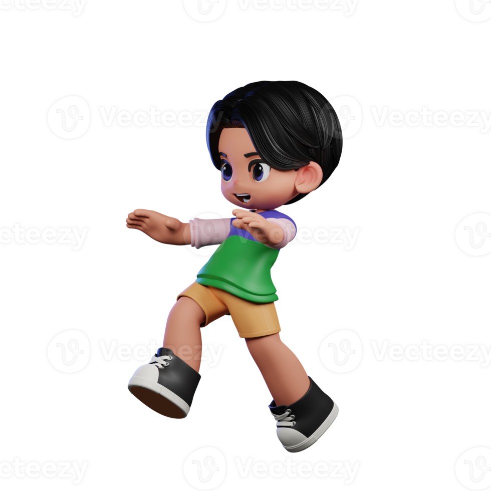 3d Cartoon Character in a Green Shirt and Yellow Shorts Doing Jump Pose png