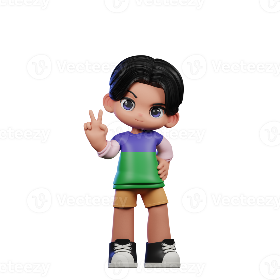3d Cartoon Character in a Green Shirt and Yellow Shorts Showing Peace Sign Pose png