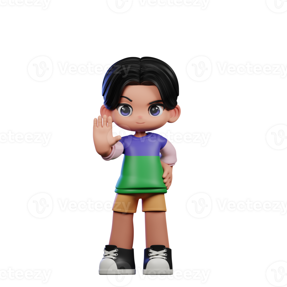 3d Cartoon Character in a Green Shirt and Yellow Shorts Doing Stop Sign Pose png