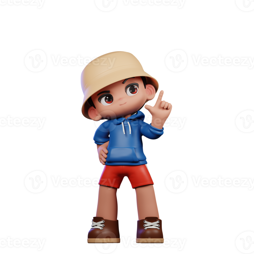 3d Small Figure of a Boy in a Blue Shirt and Red Shorts Having Idea Pose png