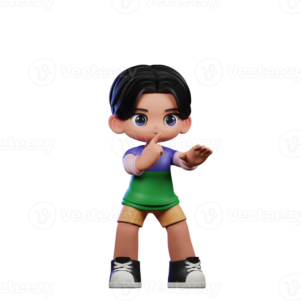 3d Cartoon Character in a Green Shirt and Yellow Shorts Shhttt Pose png