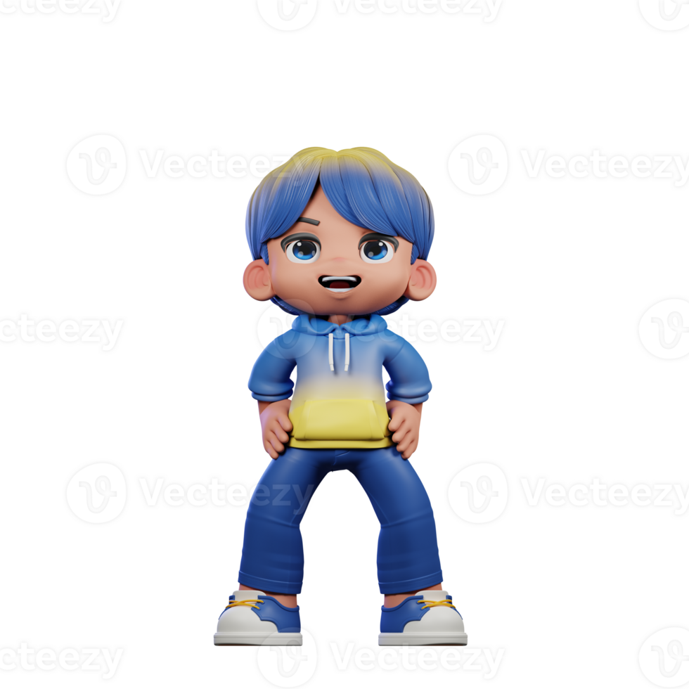 3d Cartoon Character with a Blue Shirt and Yellow Pants Standing Laugh Pose png