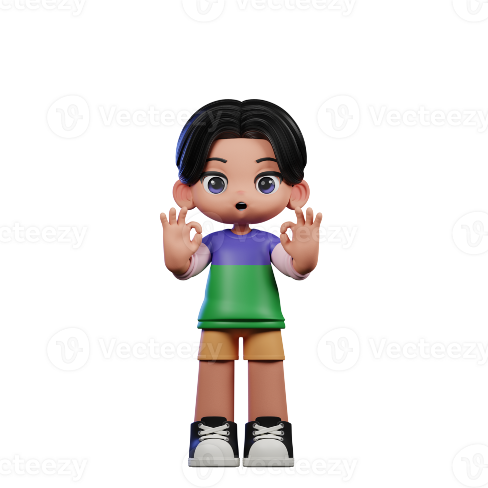 3d Cartoon Character in a Green Shirt and Yellow Shorts Showing Ok Sign Pose png