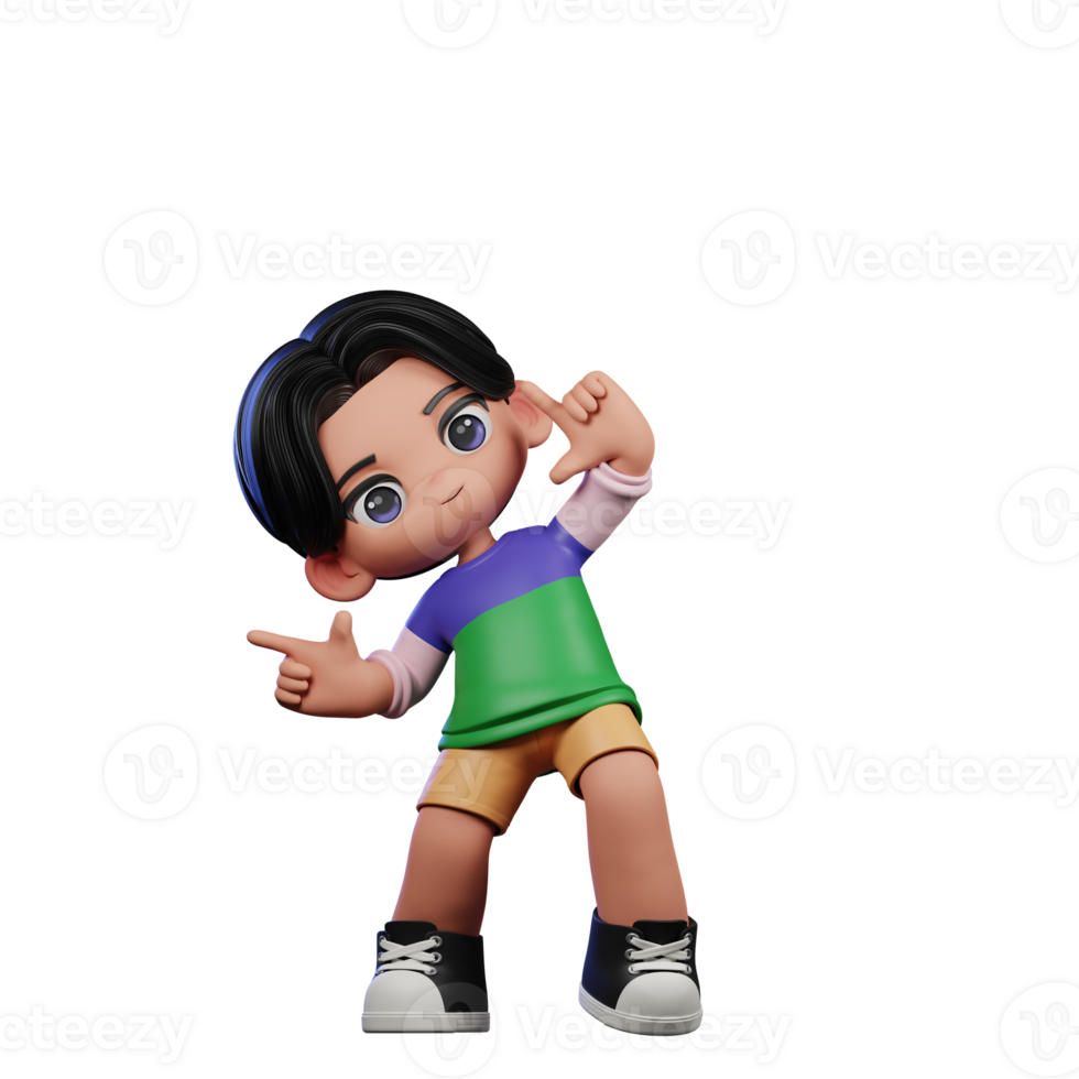 3d Cartoon Character in a Green Shirt and Yellow Shorts Pointing Right Pose png