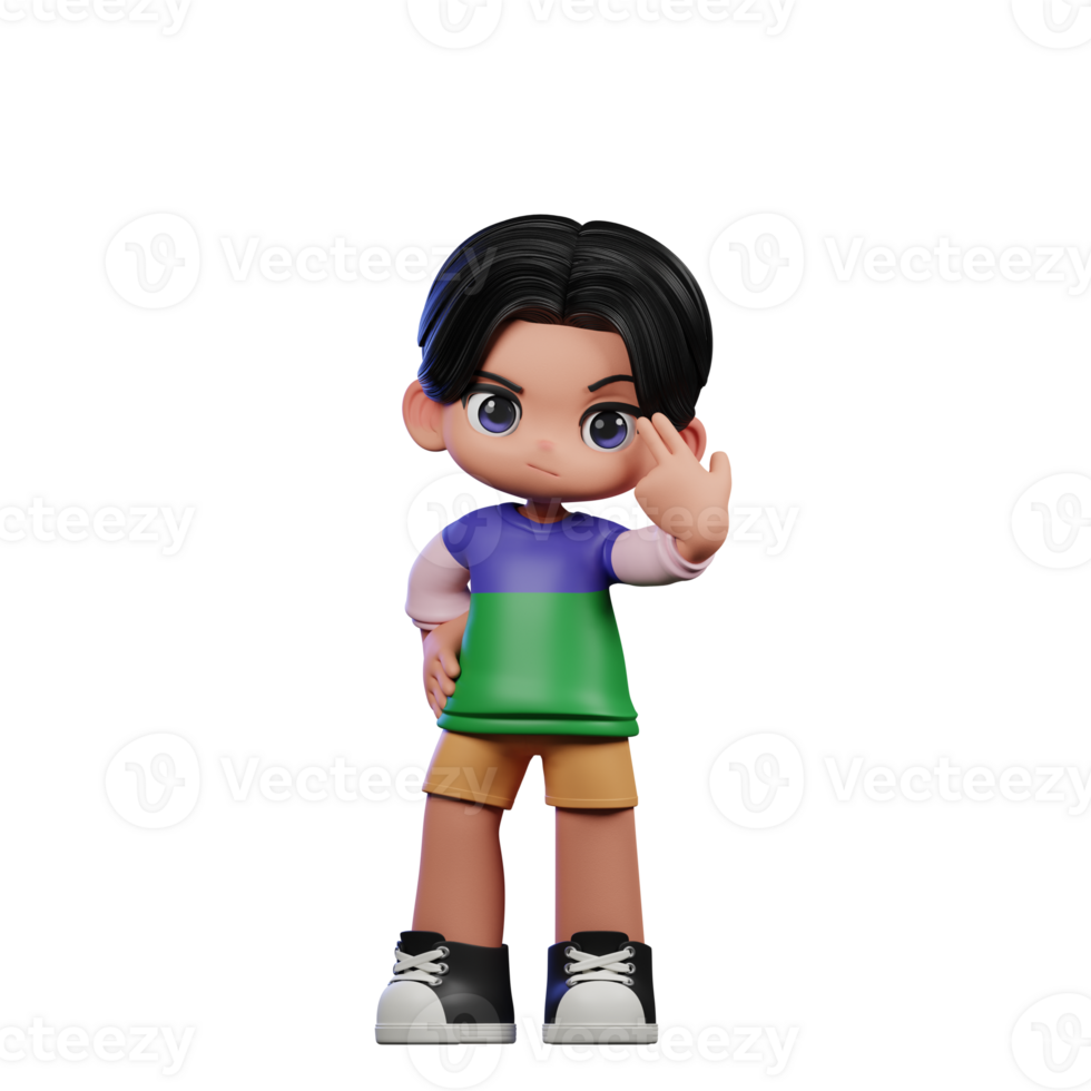 3d Cartoon Character in a Green Shirt and Yellow Shorts Pointing at Him Pose png