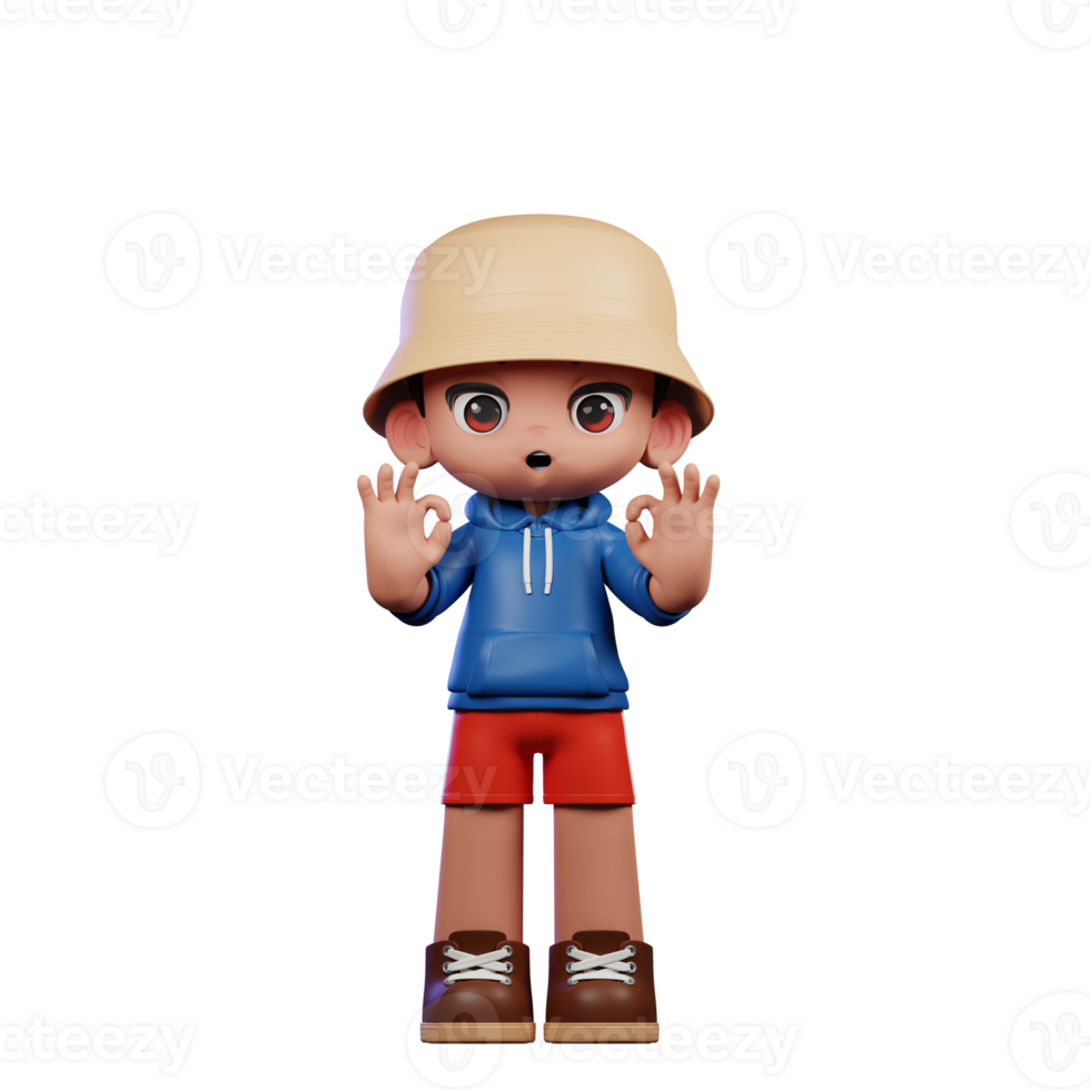3d Small Figure of a Boy in a Blue Shirt and Red Shorts Showing Ok Sign Pose png