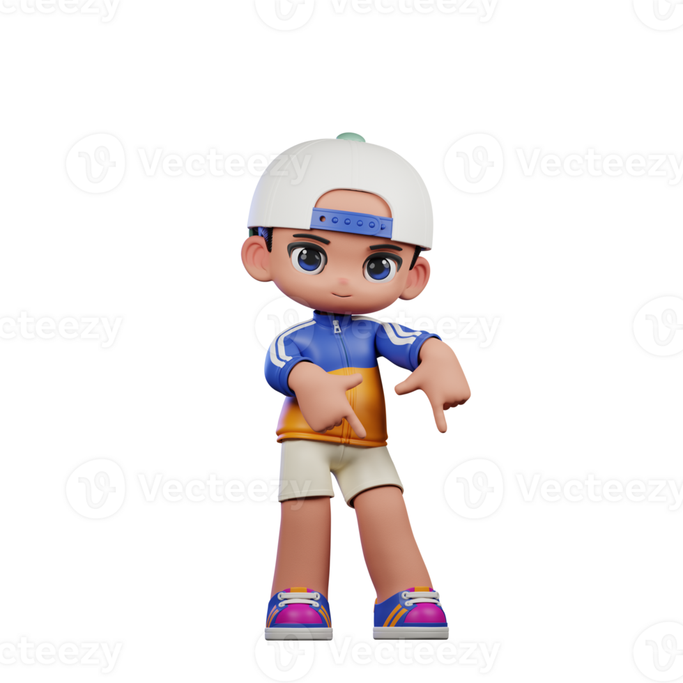 3d Cartoon Character in a Blue Shirt and White Hat Pointing Down Pose png
