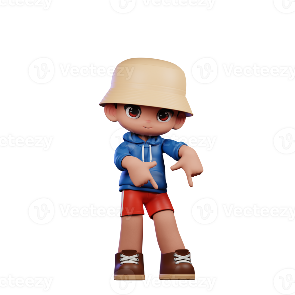 3d Small Figure of a Boy in a Blue Shirt and Red Shorts Pointing Down Pose png