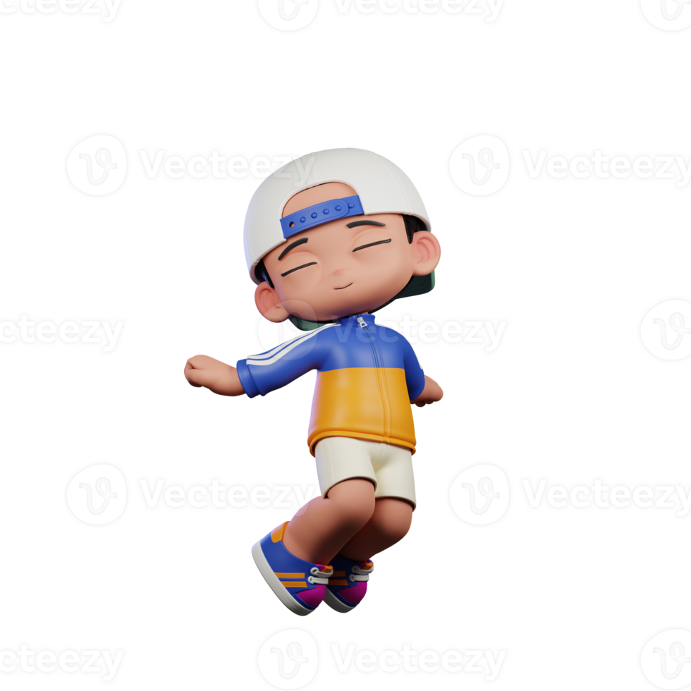 3d Cartoon Character in a Blue Shirt and White Hat Jumping Air Pose png