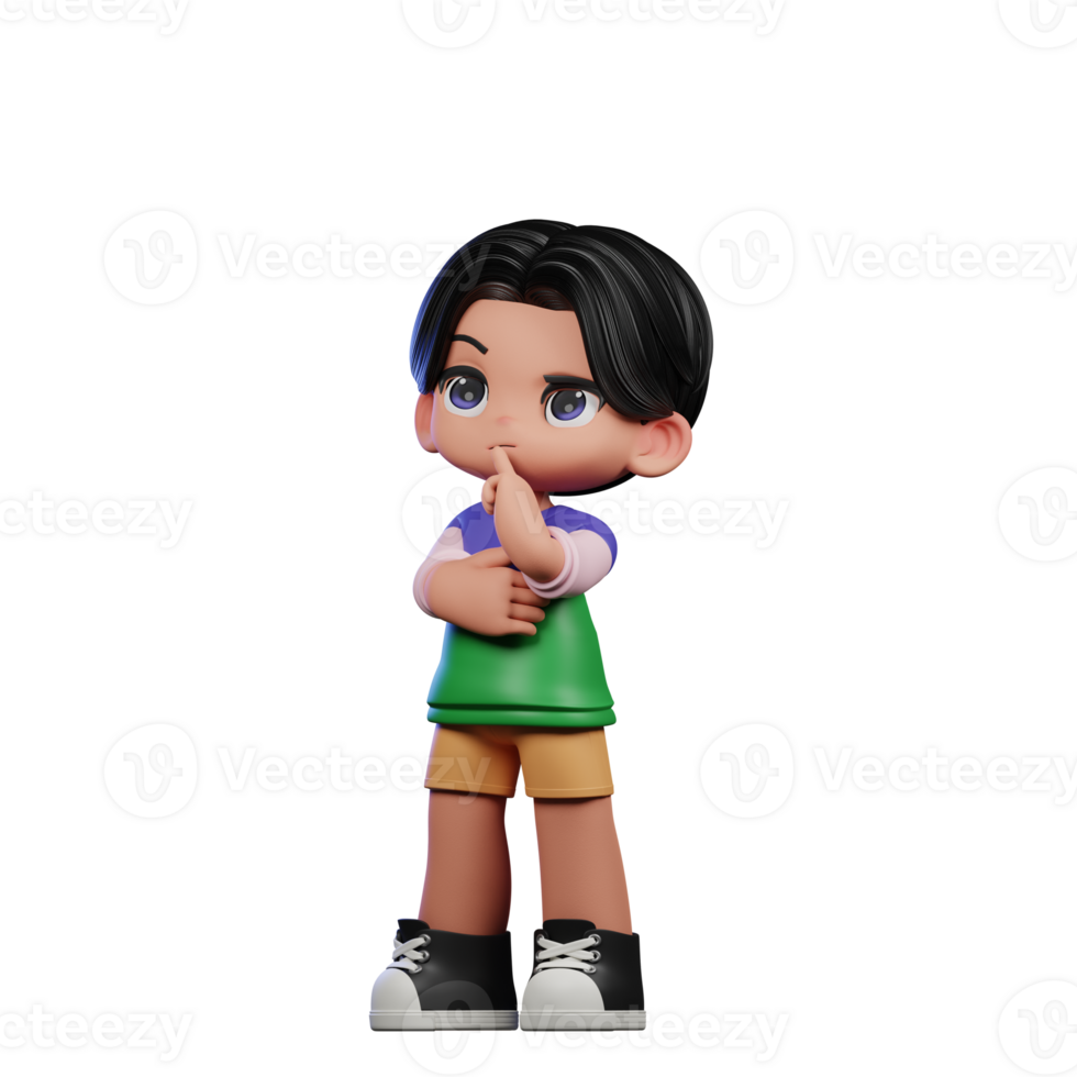 3d Cartoon Character in a Green Shirt and Yellow Shorts Thinking Deeply Pose png