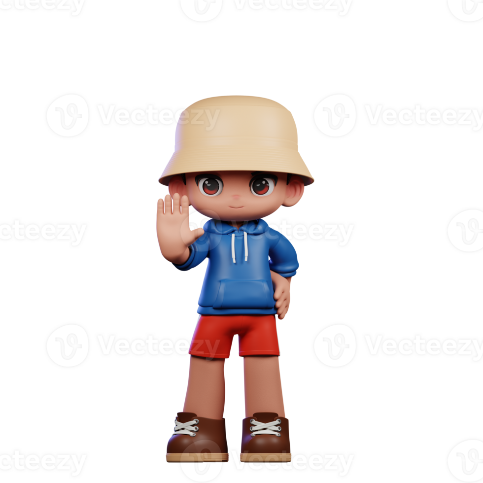 3d Small Figure of a Boy in a Blue Shirt and Red Shorts Doing Stop Sign Pose png