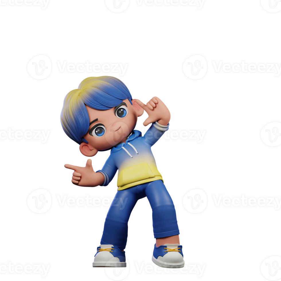 3d Cartoon Character with a Blue Shirt and Yellow Pants Pointing Right Pose png