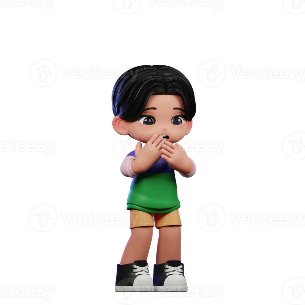 3d Cartoon Character in a Green Shirt and Yellow Shorts Afraid Pose png
