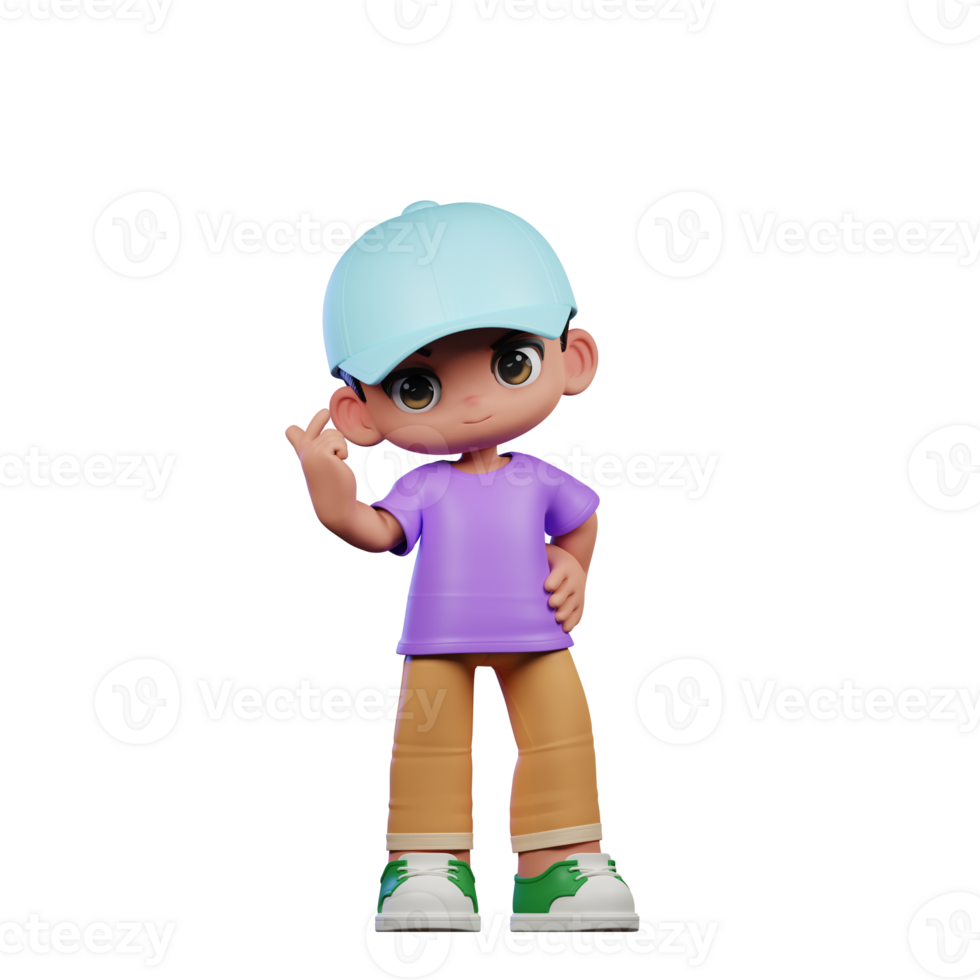 3d Small Boy with a Blue Hat and a Purple Shirt Giving Love Sign Pose png