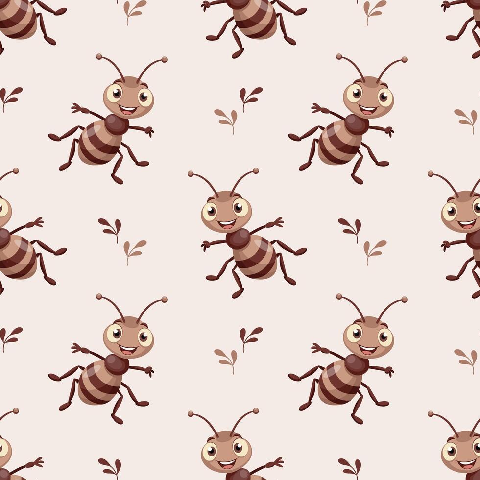 Seamless pattern of a happy ant on a white background. Smiling baby insect character. Print, children's textiles, wallpaper vector