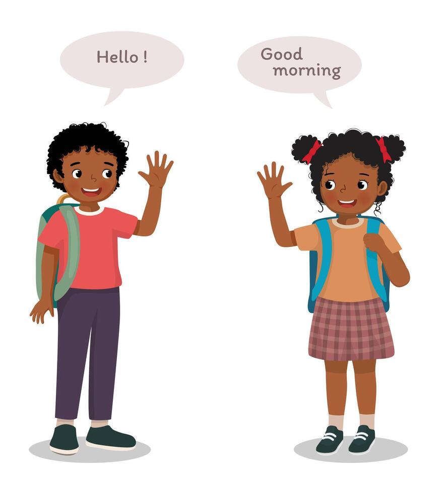 Cute African school kids say hello greeting good morning to each other vector