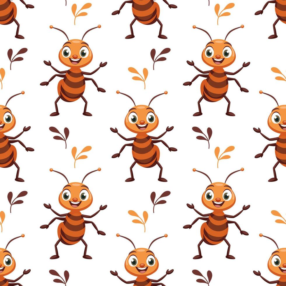 Seamless pattern of a happy ant on a white background. Smiling baby insect character. Print, children's textiles, wallpaper vector