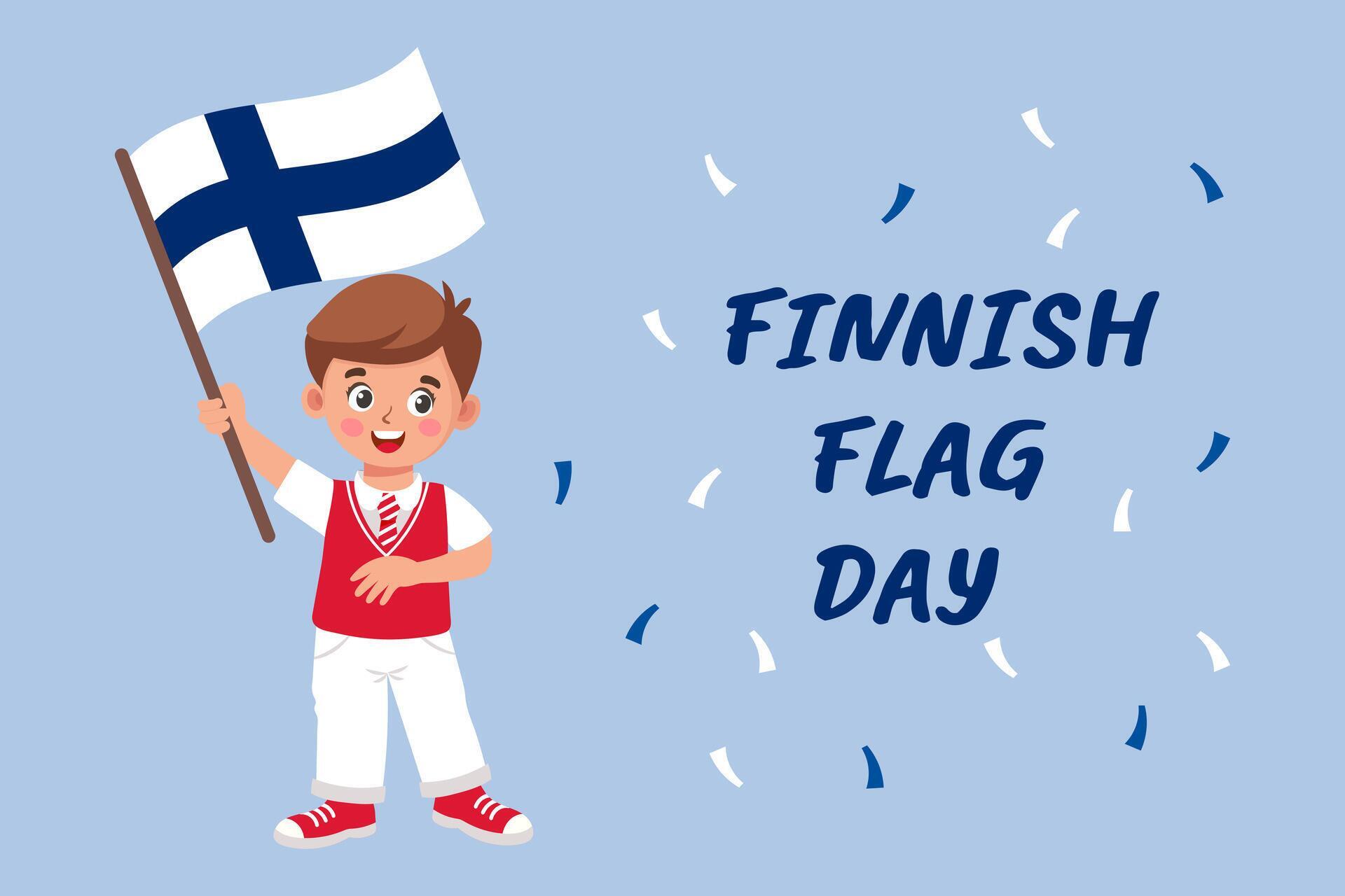 Finnish Flag Day. Banner with Cute little boy with Finnish flag in hand
