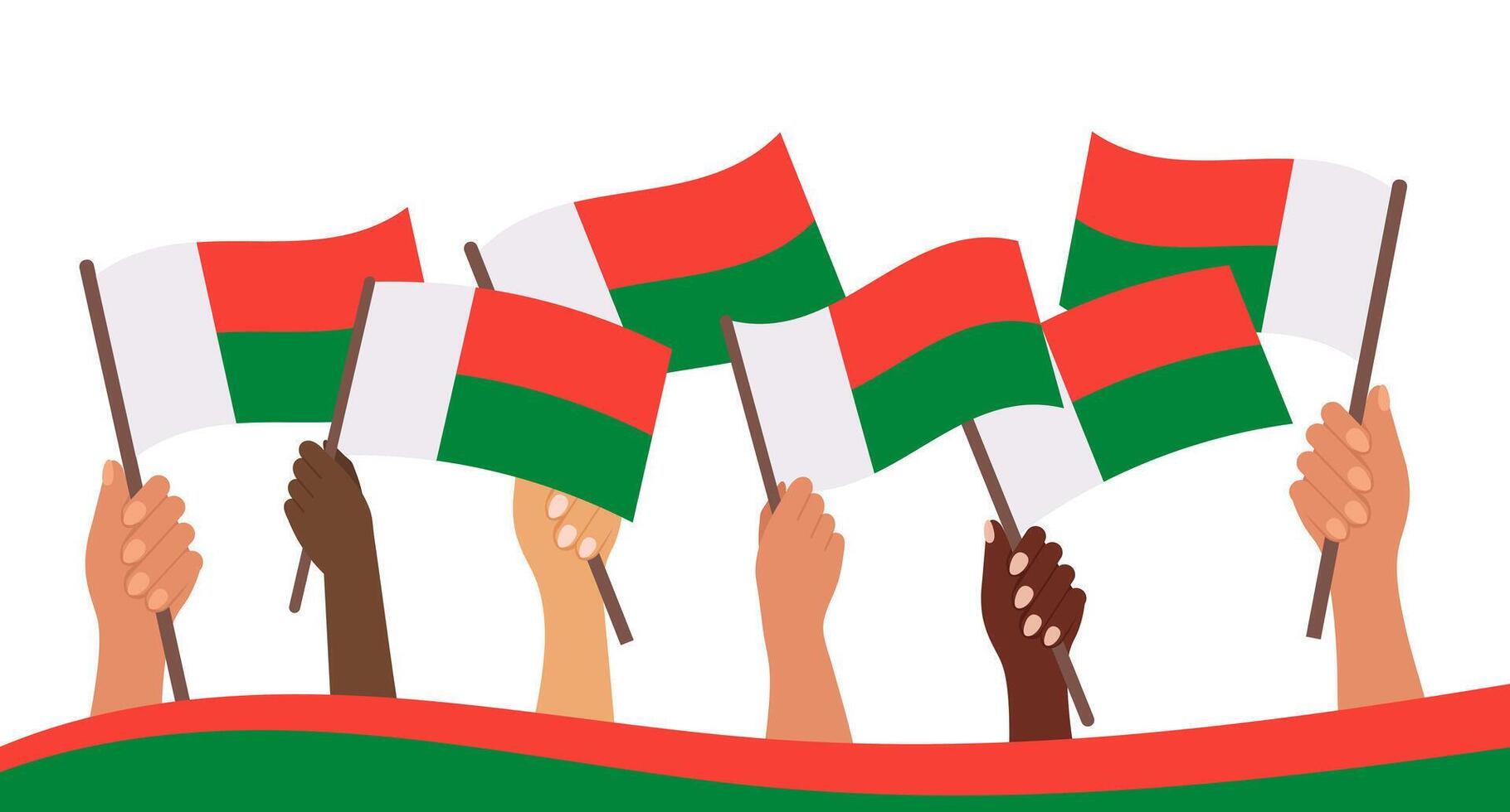 Independence Day of Madagascar. Banner with Madagascar flags in hands. Holiday illustration. vector