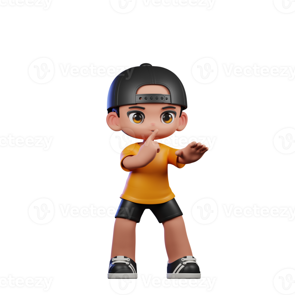 3d Cartoon Character with a Yellow Shirt and Black Shorts Shhttt Pose png