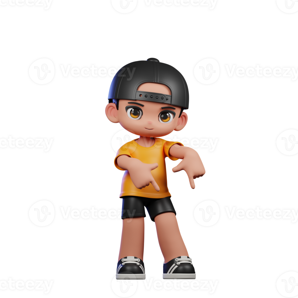 3d Cartoon Character with a Yellow Shirt and Black Shorts Pointing Down Pose png