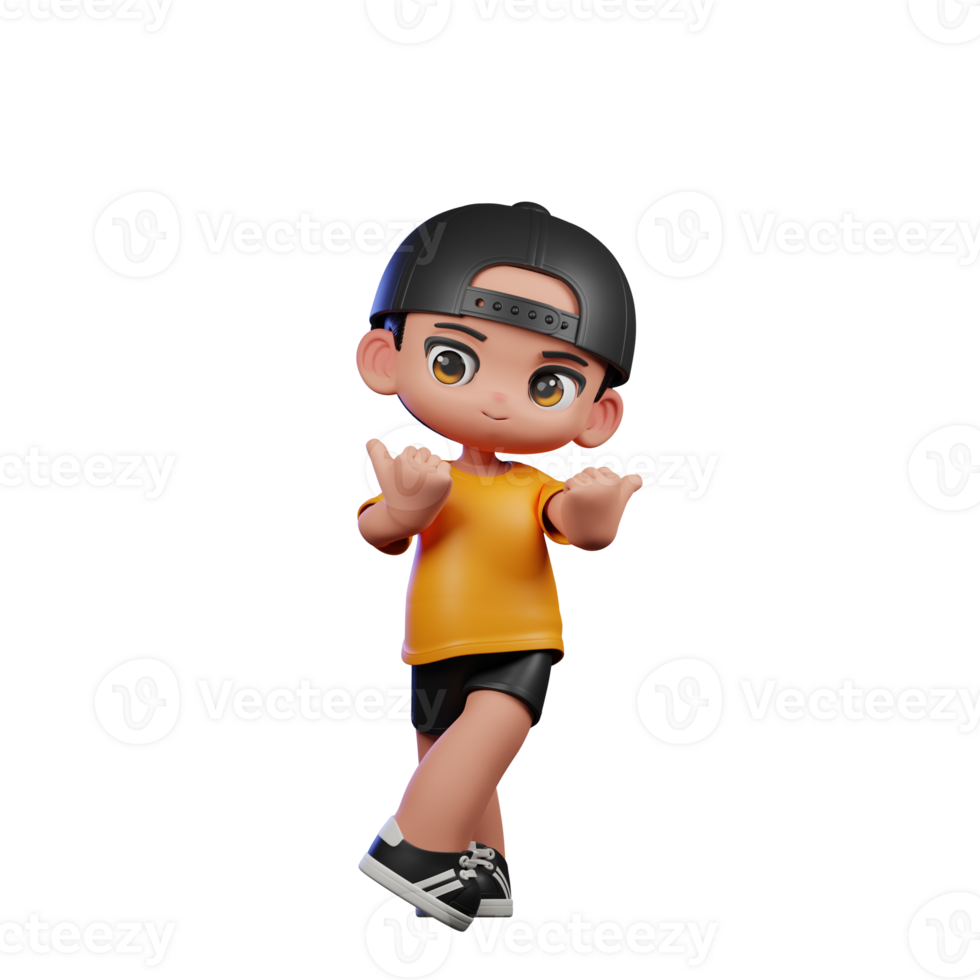 3d Cartoon Character with a Yellow Shirt and Black Shorts Pointing at Side Pose png