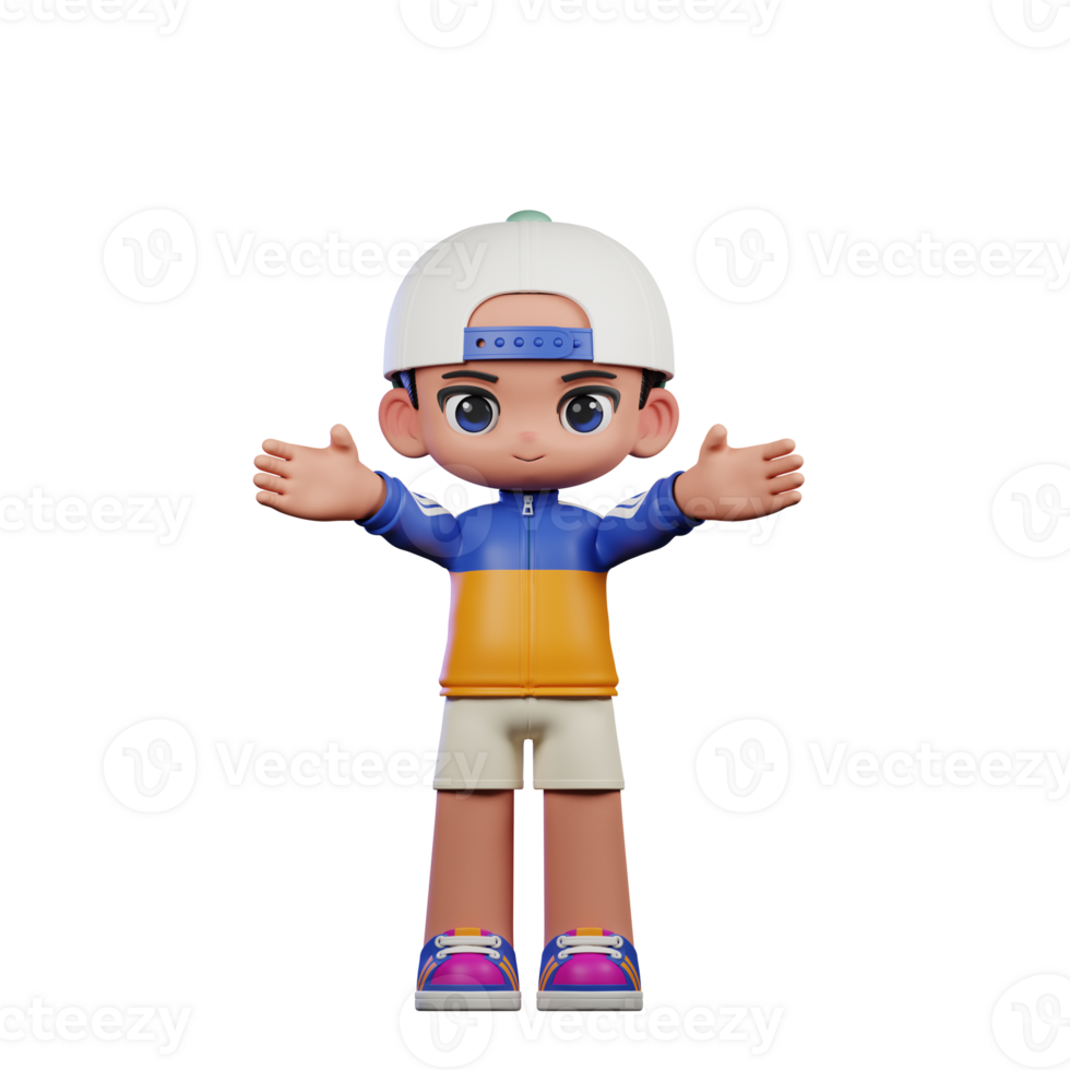 3d Cartoon Character in a Blue Shirt and White Hat Showing Welcome Pose png