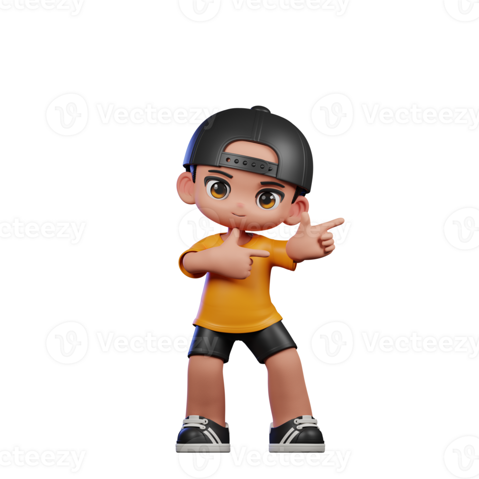 3d Cartoon Character with a Yellow Shirt and Black Shorts Pointing Left Pose png