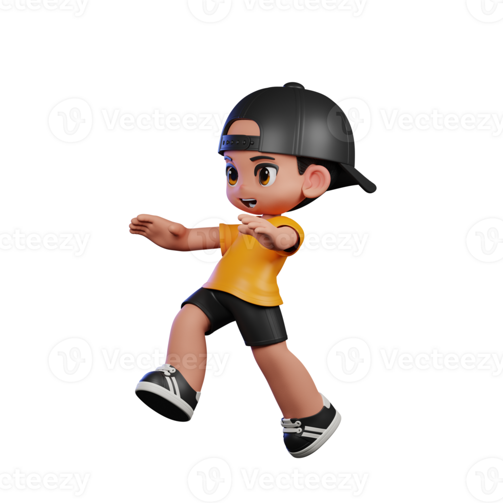 3d Cartoon Character with a Yellow Shirt and Black Shorts Doing Jump Pose png