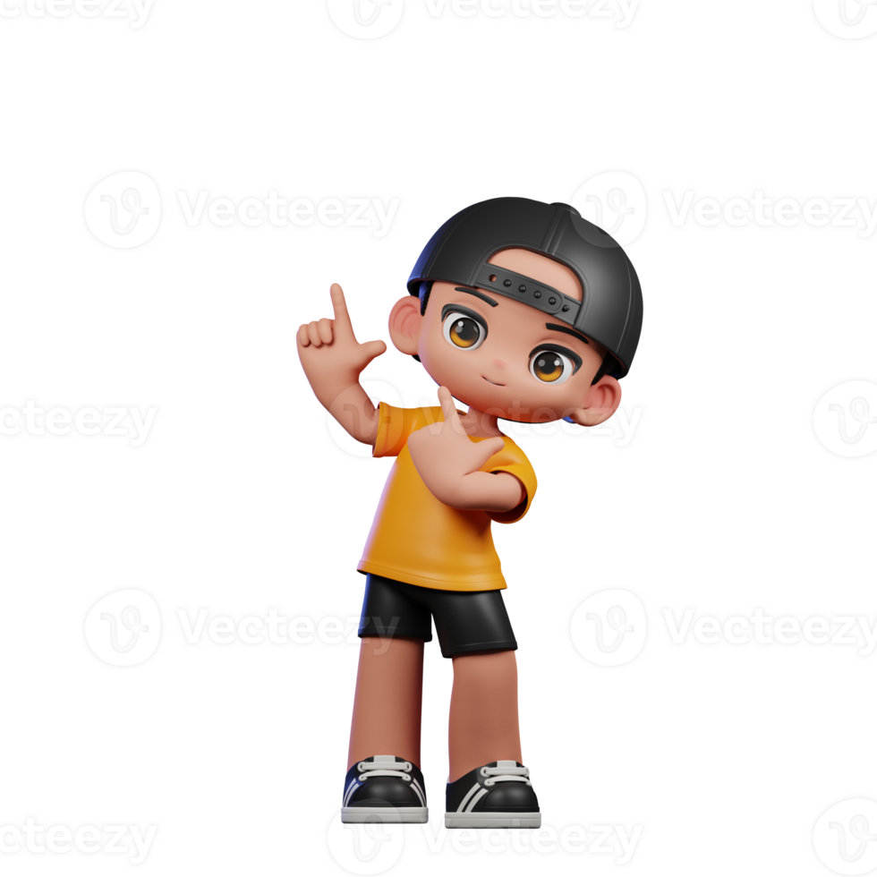 3d Cartoon Character with a Yellow Shirt and Black Shorts Pointing Up Pose png