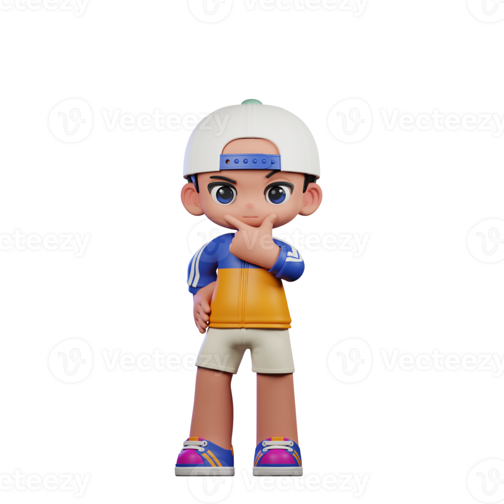 3d Cartoon Character in a Blue Shirt and White Hat Curious Pose png