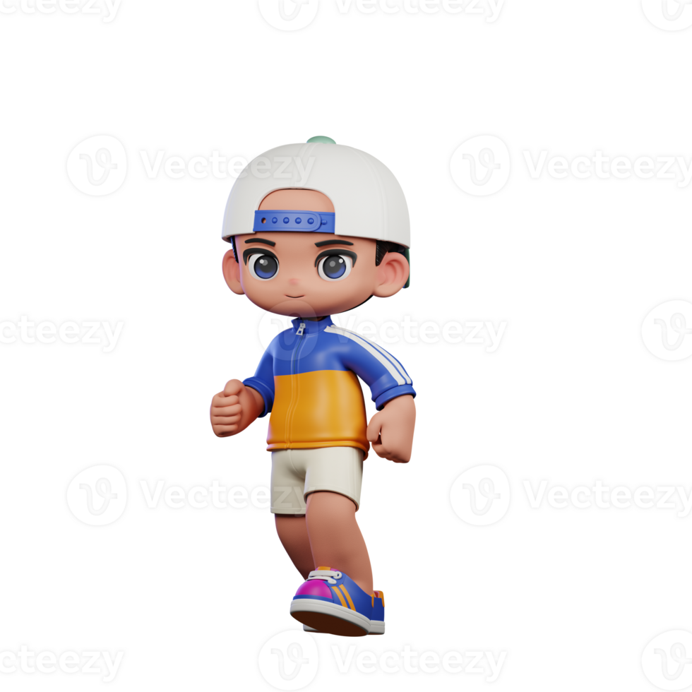 3d Cartoon Character in a Blue Shirt and White Hat Walking Pose png