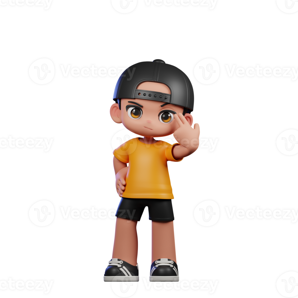 3d Cartoon Character with a Yellow Shirt and Black Shorts Pointing at Him Pose png