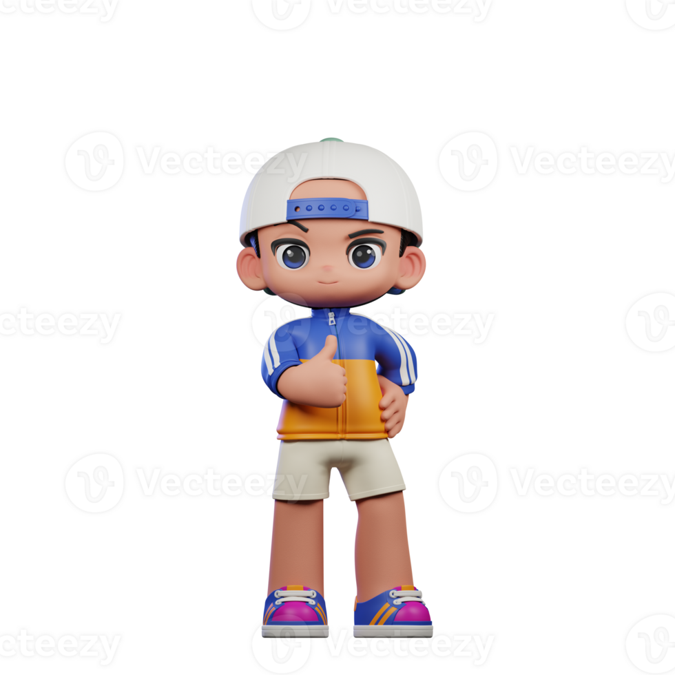 3d Cartoon Character in a Blue Shirt and White Hat Showing Thumbs Up Pose png