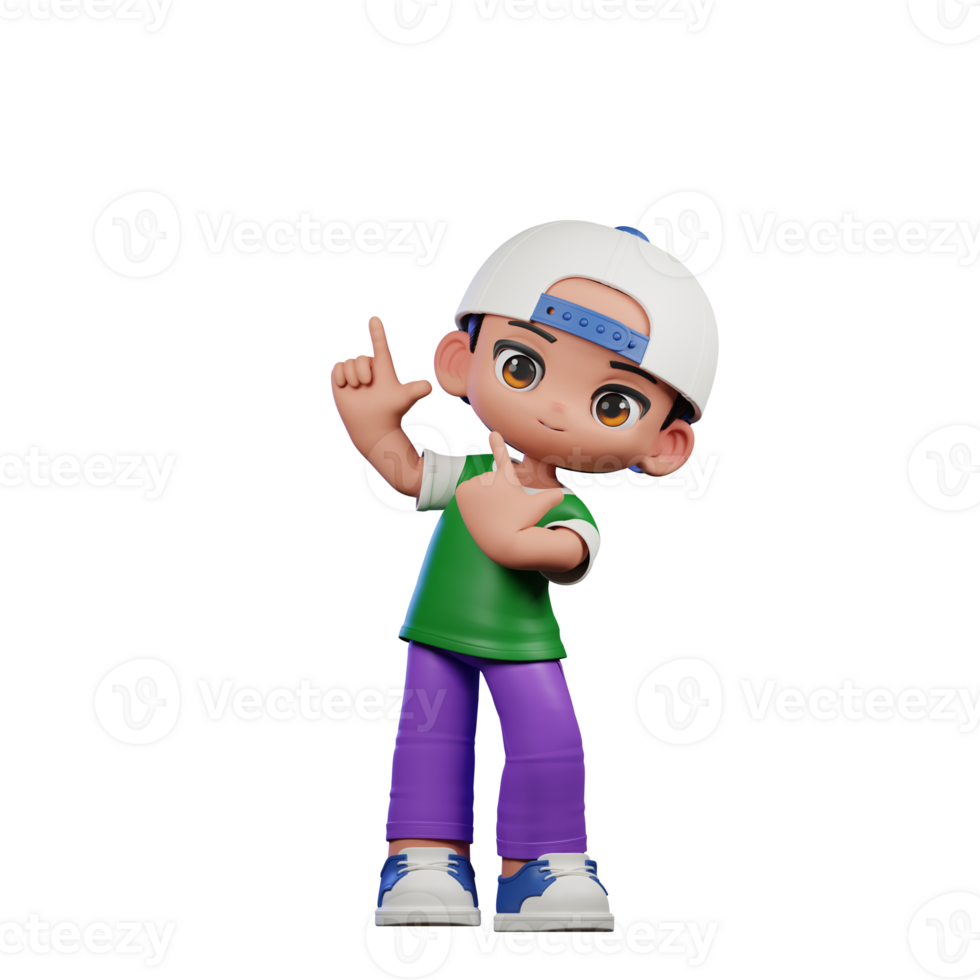 3d Cartoon Character of a Boy in a Green Shirt and Purple Pants Pointing Up Pose png