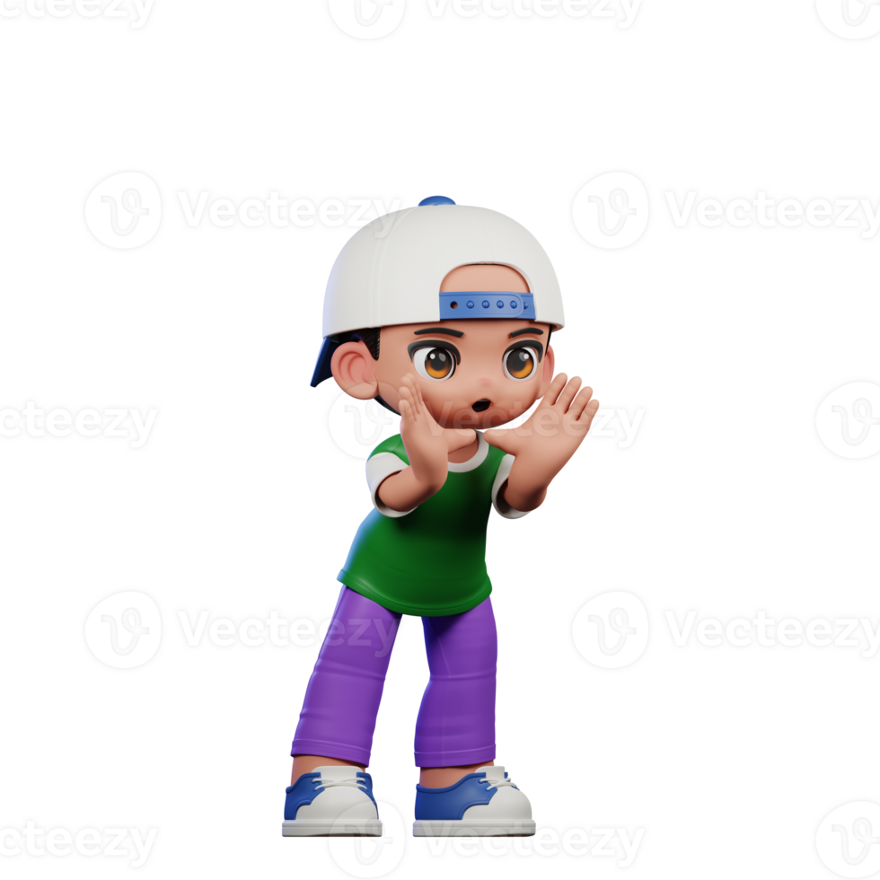 3d Cartoon Character of a Boy in a Green Shirt and Purple Pants Shouting Pose png