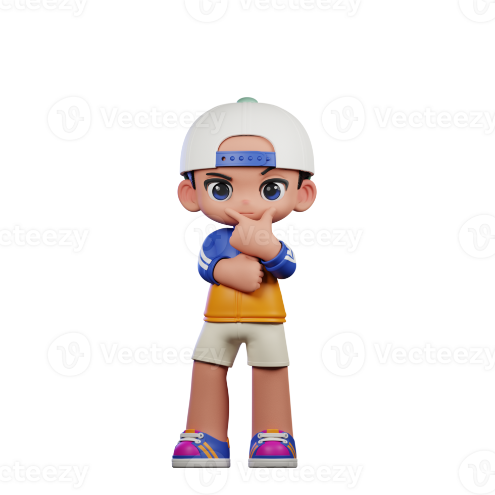 3d Cartoon Character in a Blue Shirt and White Hat Doing Curious Pose png