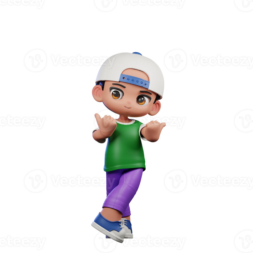 3d Cartoon Character of a Boy in a Green Shirt and Purple Pants Pointing at Side Pose png