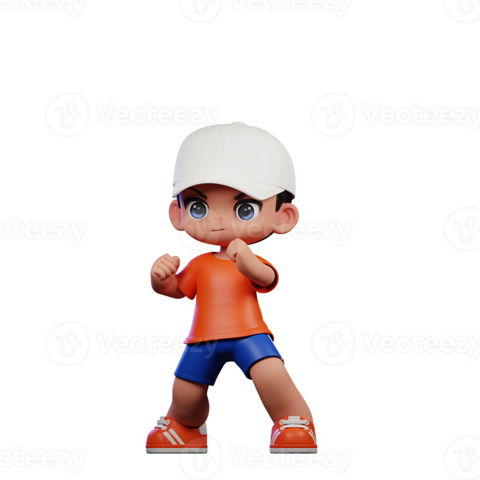 3d Cartoon Boy in Orange Shirt and Blue Shorts with a White Hat Ready Fight Pose png