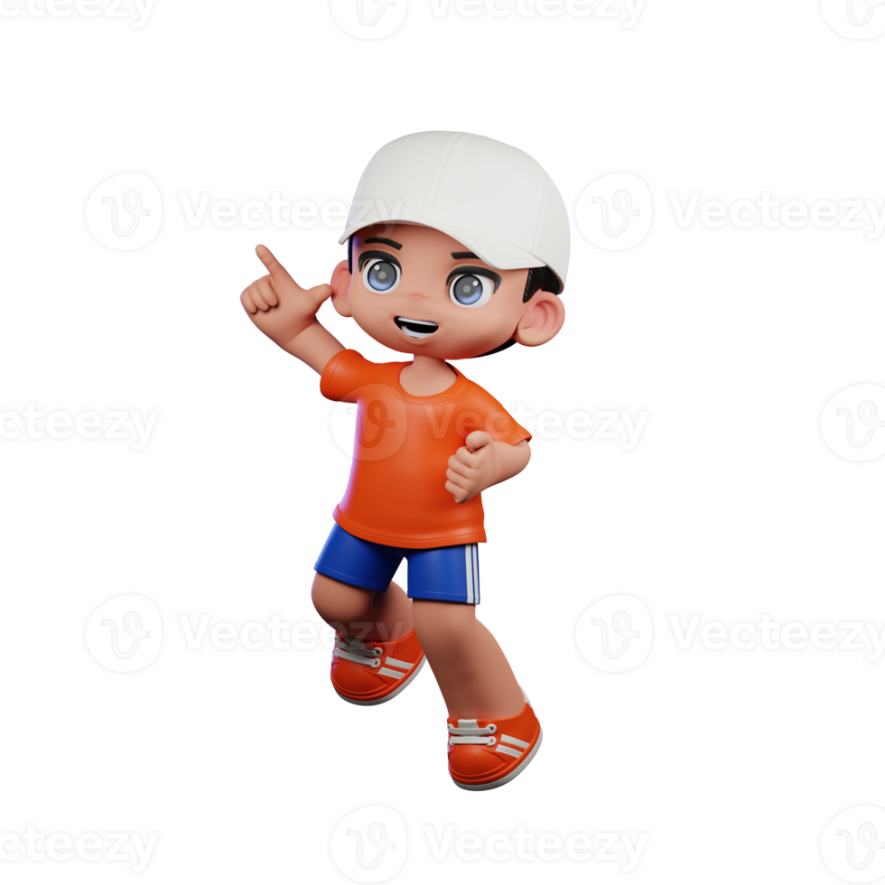 3d Cartoon Boy in Orange Shirt and Blue Shorts with a White Hat Doing Happy Jumping Pose png